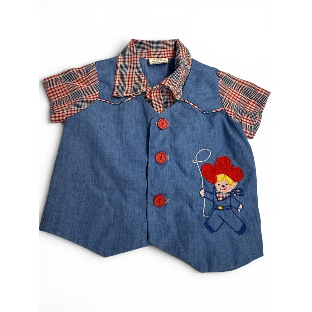 Western Cowboy Shirt Kids 0-3M Blue Red Excellent Embroidered‎ Faux Vest
